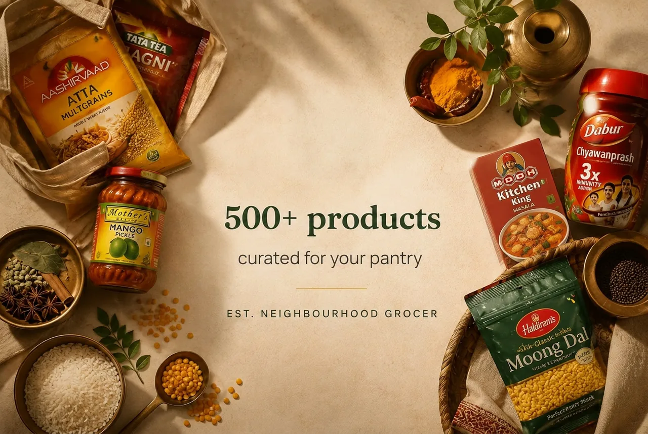 Assorted Indian pantry staples — atta, spices, pickles, dal and tea